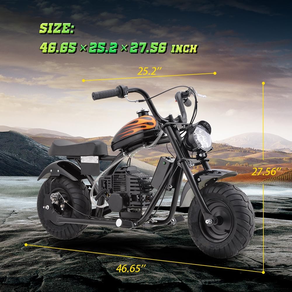 HOVER HEART Gas Mini Chopper Bike, DB004 Model 49.4 CC 2-Stroke Dirt Bike with Big Headlight, Premium Tire, Metal Frame, Disc Brakes, Max Load 165Lbs, Up to 20Mph, EPA Approved