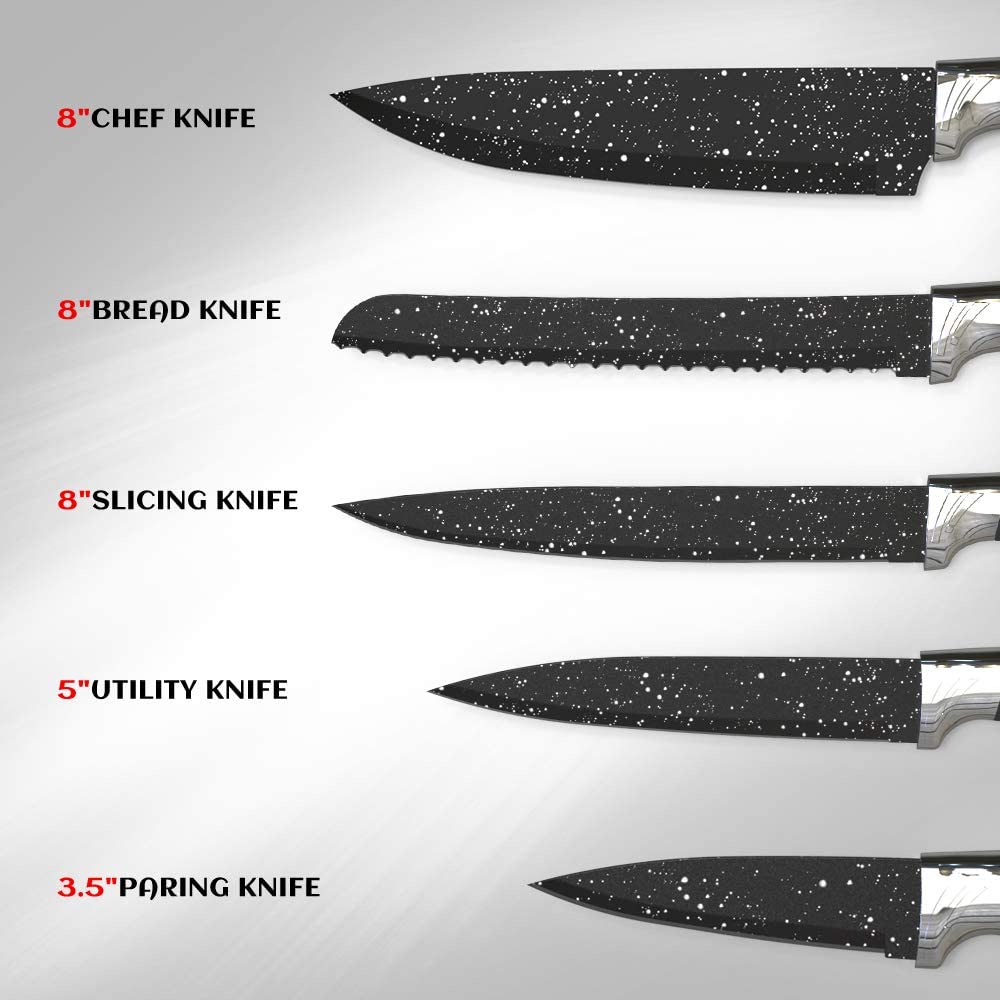 MOSTA Ceramic Coated Knife Block Set with 5Pcs Kitchen Knives, Chef Knife, Bread Knife, Slicing Knife, Utility Knife, Paring Knife and Acrylic Stand