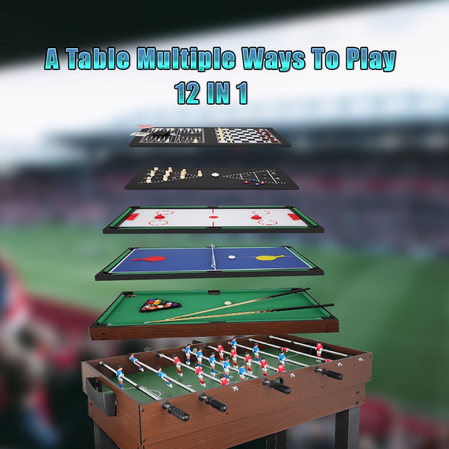 FITPHER 12 in 1 Multifunctional Table Game, Foosball, Pool, Shuffleboard, Ping Pong, Slide Hockey, Bowling, Backgmmon, Ringtoss, Horsshoes, Checker/Chess, Playing Card and Dice