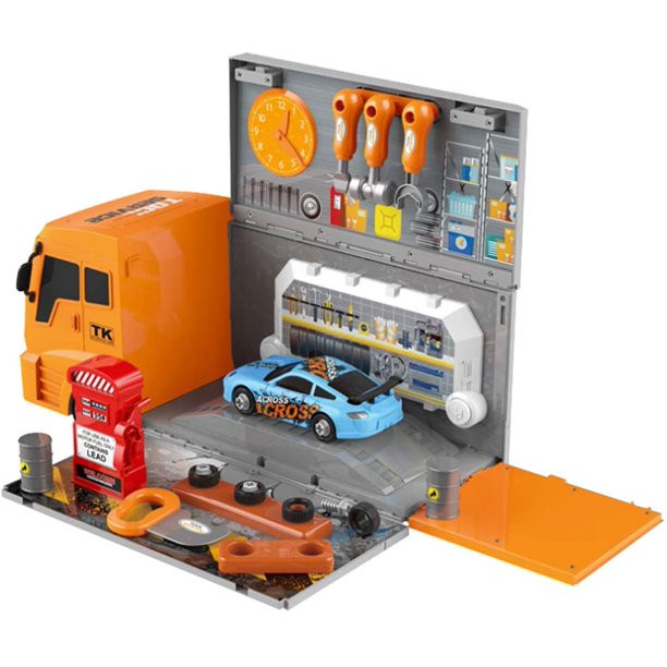 HILLO Maintain Truck Toy Playsets, 36 Piece 2-in-1 Maintain Station in Truck Trailer with Tool, Additional Car, Exchange Tire, Gas Station, Gifts for 3+ Year Old Boys Kids Toddlers Children