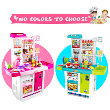 HILLO Large Kitchen 46 Pcs Playset Cooking Little Chef, Light & Sounds, Water Tap for 3-6 years old kids-pink