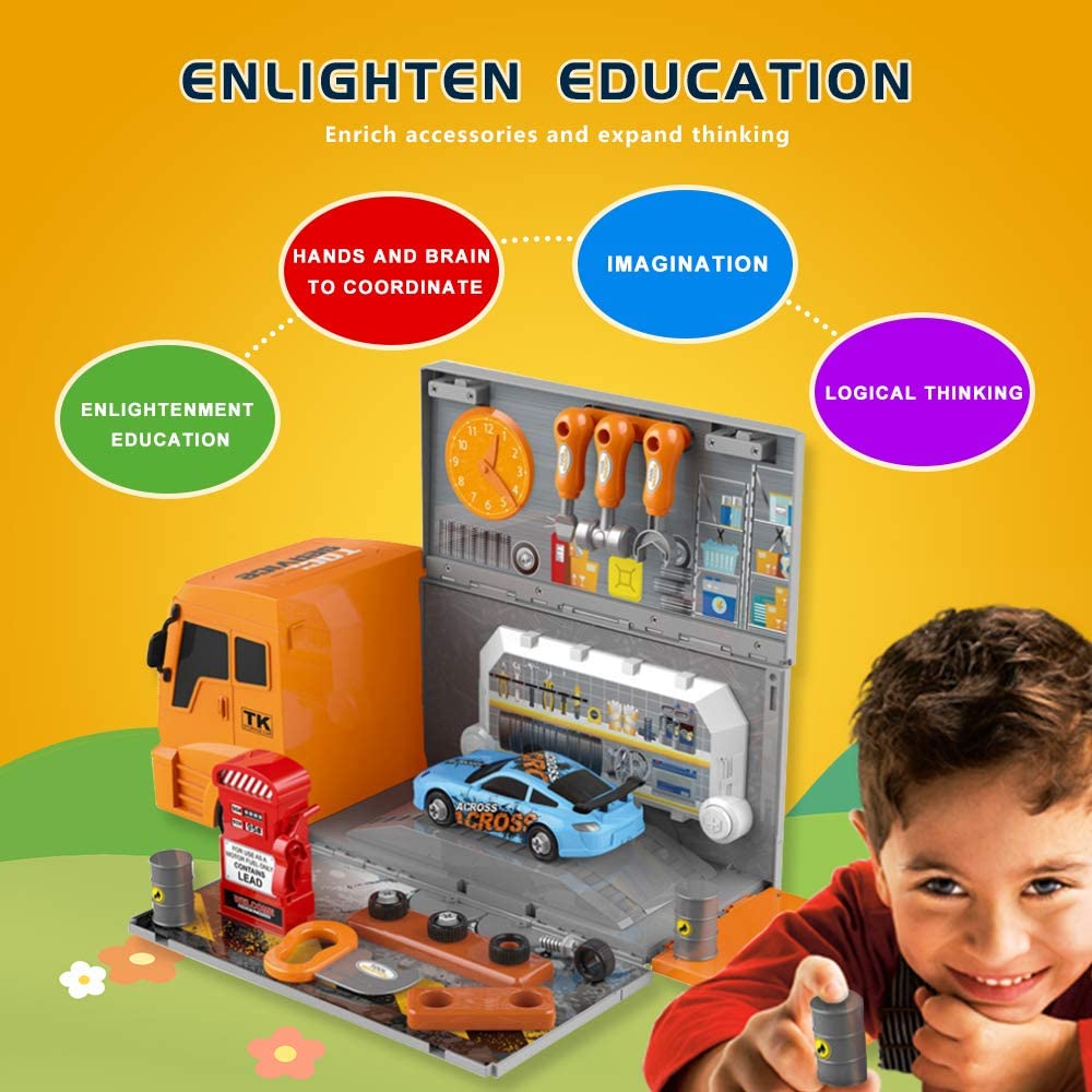 HILLO Maintain Truck Toy Playsets, 36 Piece 2-in-1 Maintain Station in Truck Trailer with Tool, Additional Car, Exchange Tire, Gas Station, Gifts for 3+ Year Old Boys Kids Toddlers Children