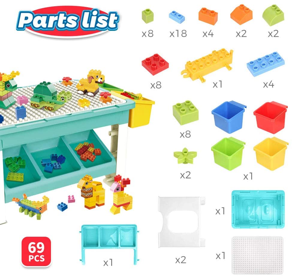 HILLO 69 Piece Multi Activity Table Set, Large Building Block - Table Compatible Bricks Toy, Foldable Activity Desk, Play Board and Toy Storage Perfect for Children 3 Years Old and Up