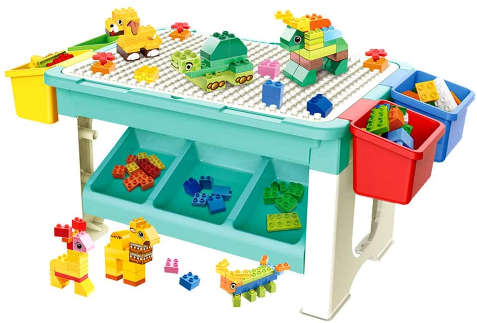 HILLO 69 Piece Multi Activity Table Set, Large Building Block - Table Compatible Bricks Toy, Foldable Activity Desk, Play Board and Toy Storage Perfect for Children 3 Years Old and Up
