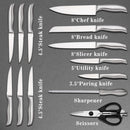 14 pcs WOODEN BLOCK Self-Sharpening Knife Set with Block, Chef Knife, Bread Knife, Steak Knife Set, Stainless Steel