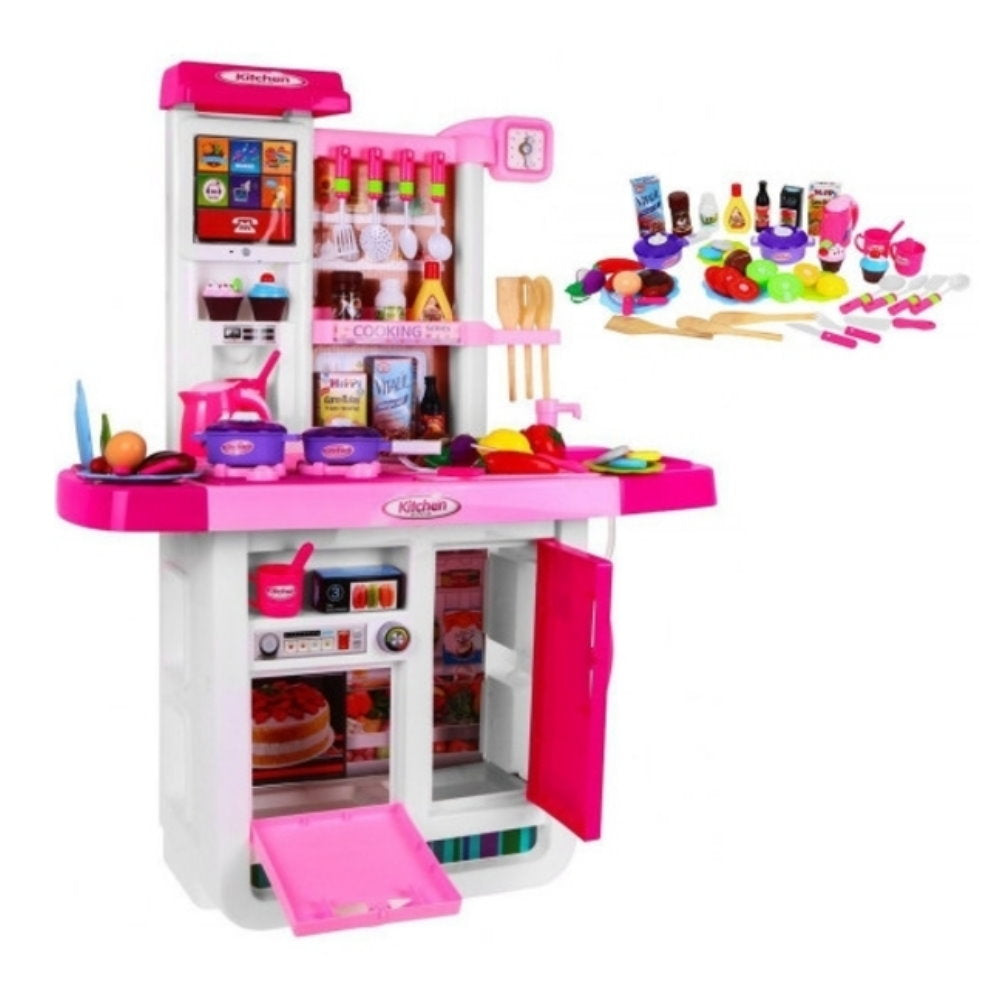 HILLO Large Kitchen 46 Pcs Playset Cooking Little Chef, Light & Sounds, Water Tap for 3-6 years old kids-pink