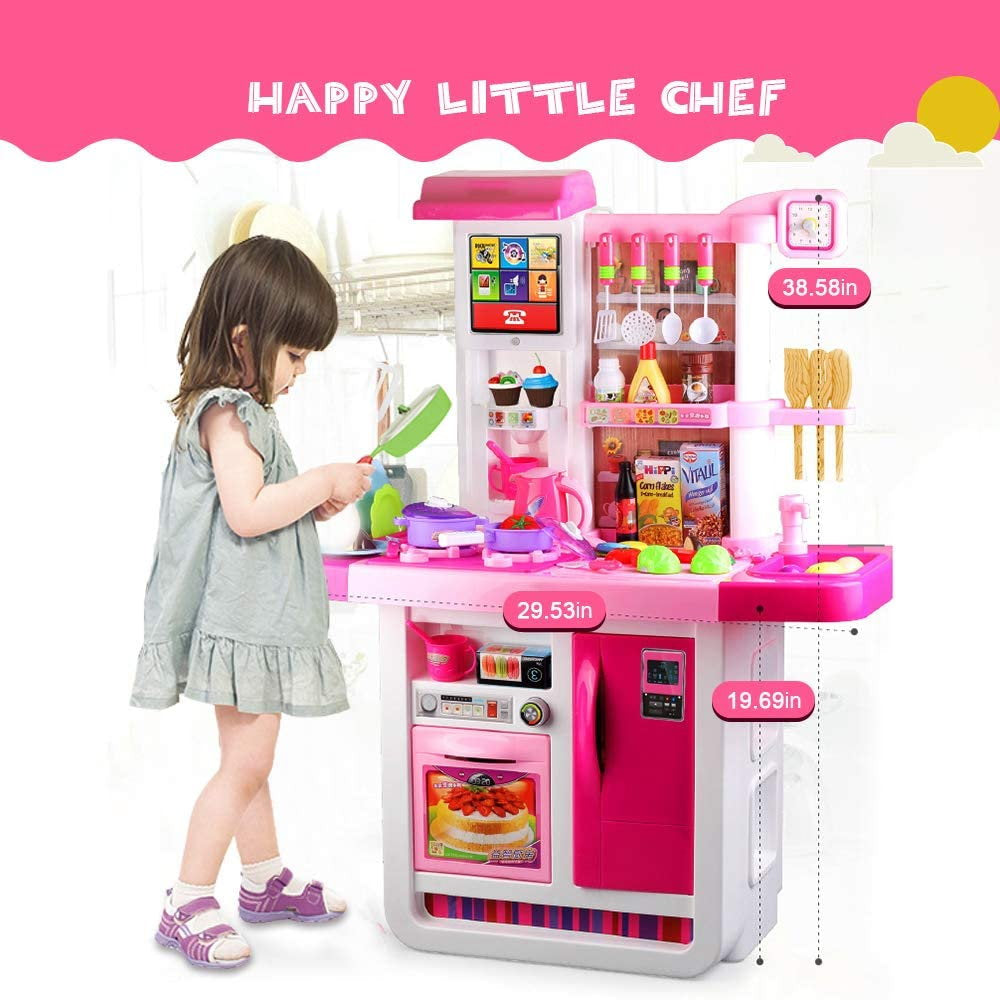 HILLO Large Kitchen 46 Pcs Playset Cooking Little Chef, Light & Sounds, Water Tap for 3-6 years old kids-pink