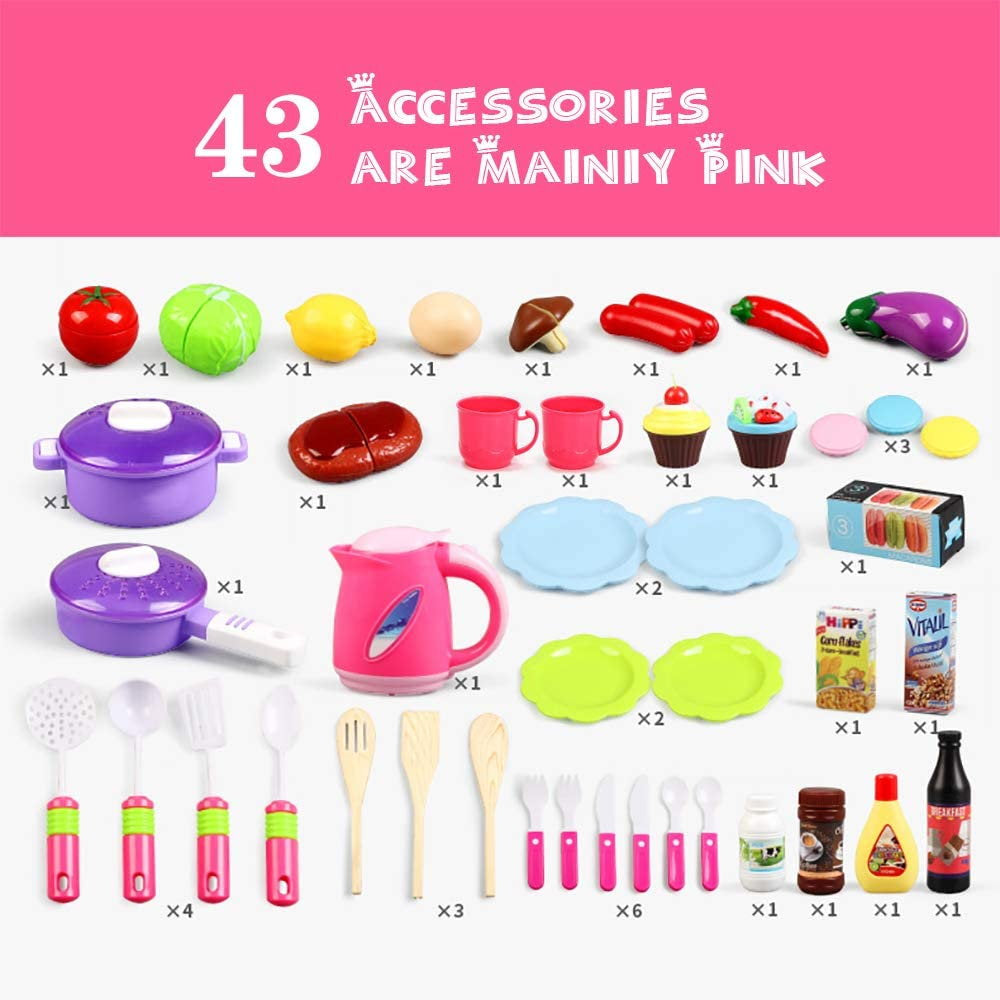 HILLO Large Kitchen 46 Pcs Playset Cooking Little Chef, Light & Sounds, Water Tap for 3-6 years old kids-pink