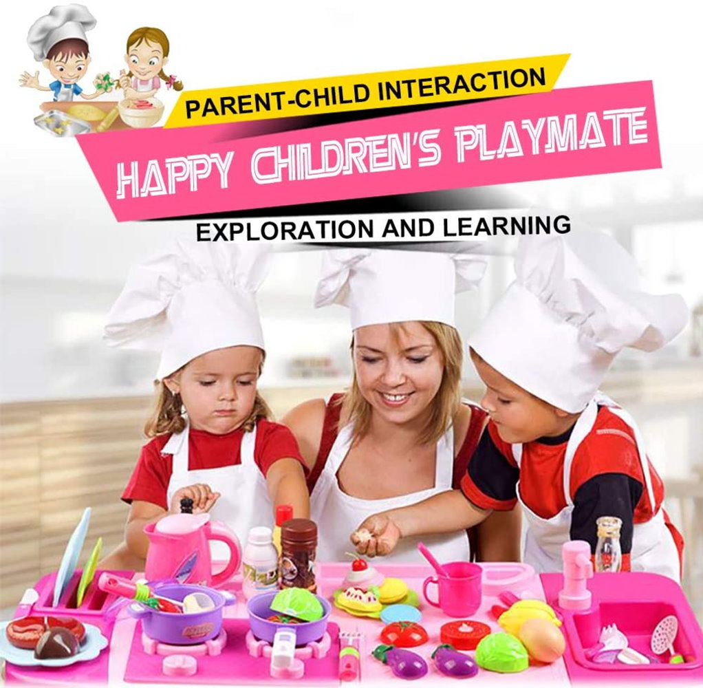 HILLO Large Kitchen 46 Pcs Playset Cooking Little Chef, Light & Sounds, Water Tap for 3-6 years old kids-pink