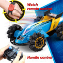 HILLO 2.4G RC Drift Stunt Car 4WD Multi-Direction LED High Speed Off-Road Vehicle With Tail Glowing Water Vapor Jet - Handle Remote Control And Watch Style Gravity Remote Control Included (Blue)