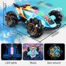 HILLO 2.4G RC Drift Stunt Car 4WD Multi-Direction LED High Speed Off-Road Vehicle With Tail Glowing Water Vapor Jet - Handle Remote Control And Watch Style Gravity Remote Control Included (Blue)