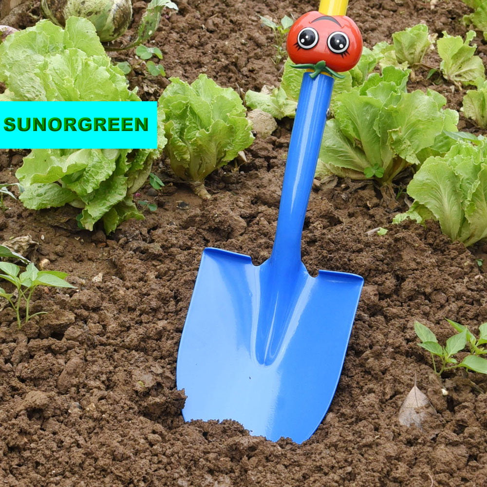 SUNORGREEN Red Tomato Kid's Garden Tool Set of 4, Soil Rake, Garden Spade, Soil Shovel and Push Broom by Safety Approved
