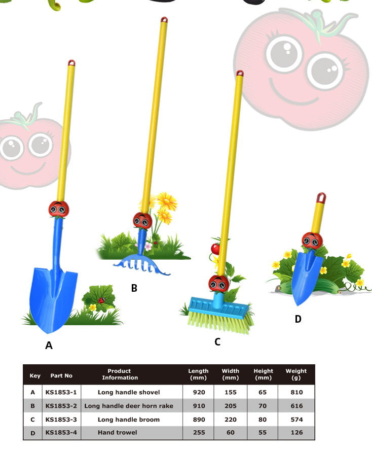 SUNORGREEN Red Tomato Kid's Garden Tool Set of 4, Soil Rake, Garden Spade, Soil Shovel and Push Broom by Safety Approved