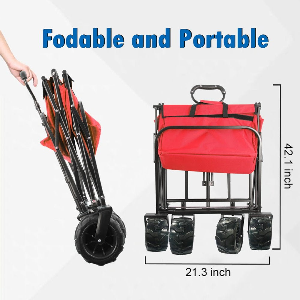 KAPAS Outdoor Collapsible Folding Utility Wagon with Universal 360° All-Terrain Wheels for Shopping, Garden, Park Picnic and Beach Camping (Red)