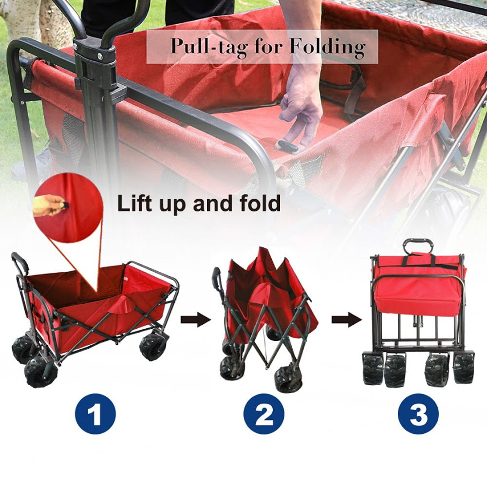 KAPAS Outdoor Collapsible Folding Utility Wagon with Universal 360° All-Terrain Wheels for Shopping, Garden, Park Picnic and Beach Camping (Red)