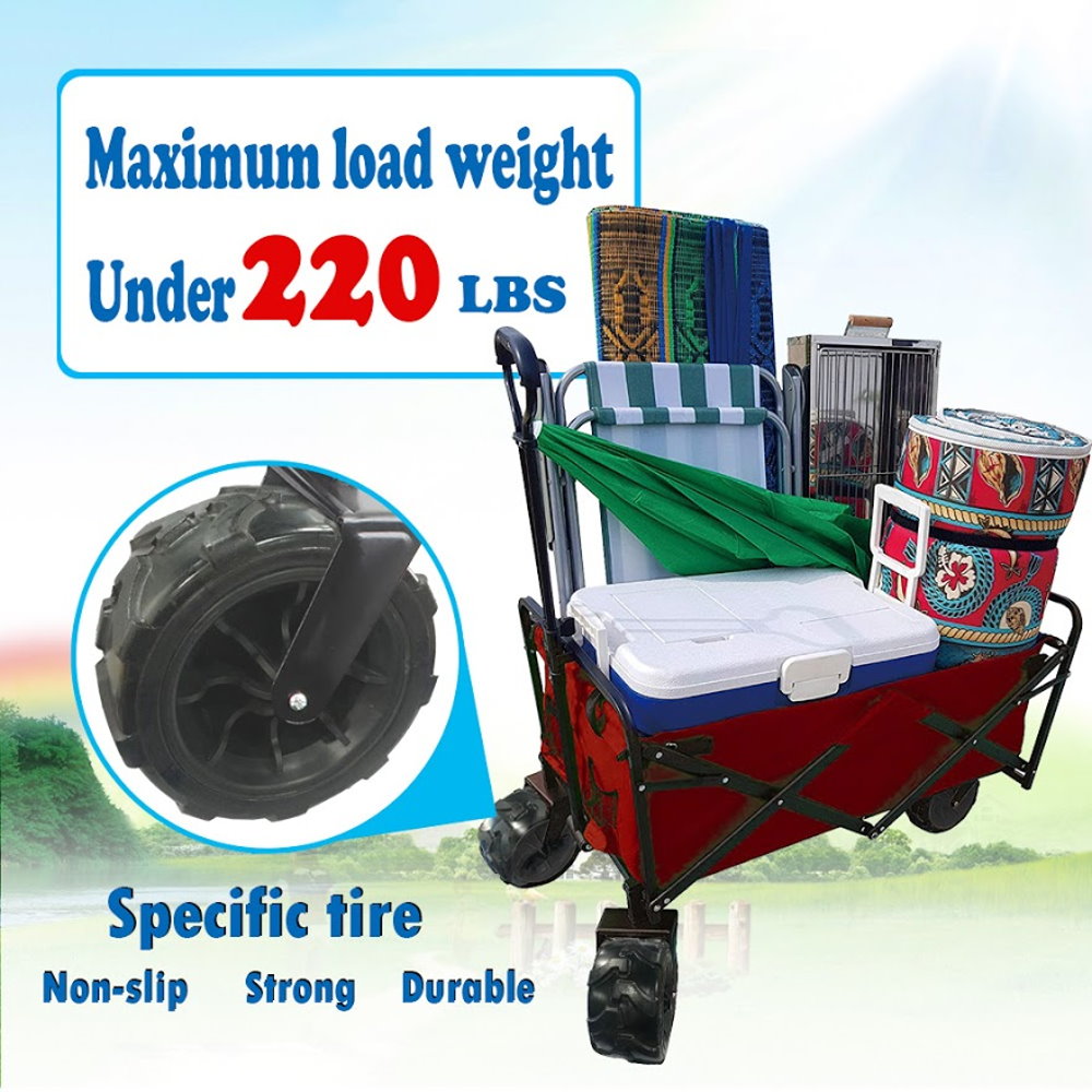 KAPAS Outdoor Collapsible Folding Utility Wagon with Universal 360° All-Terrain Wheels for Shopping, Garden, Park Picnic and Beach Camping (Red)