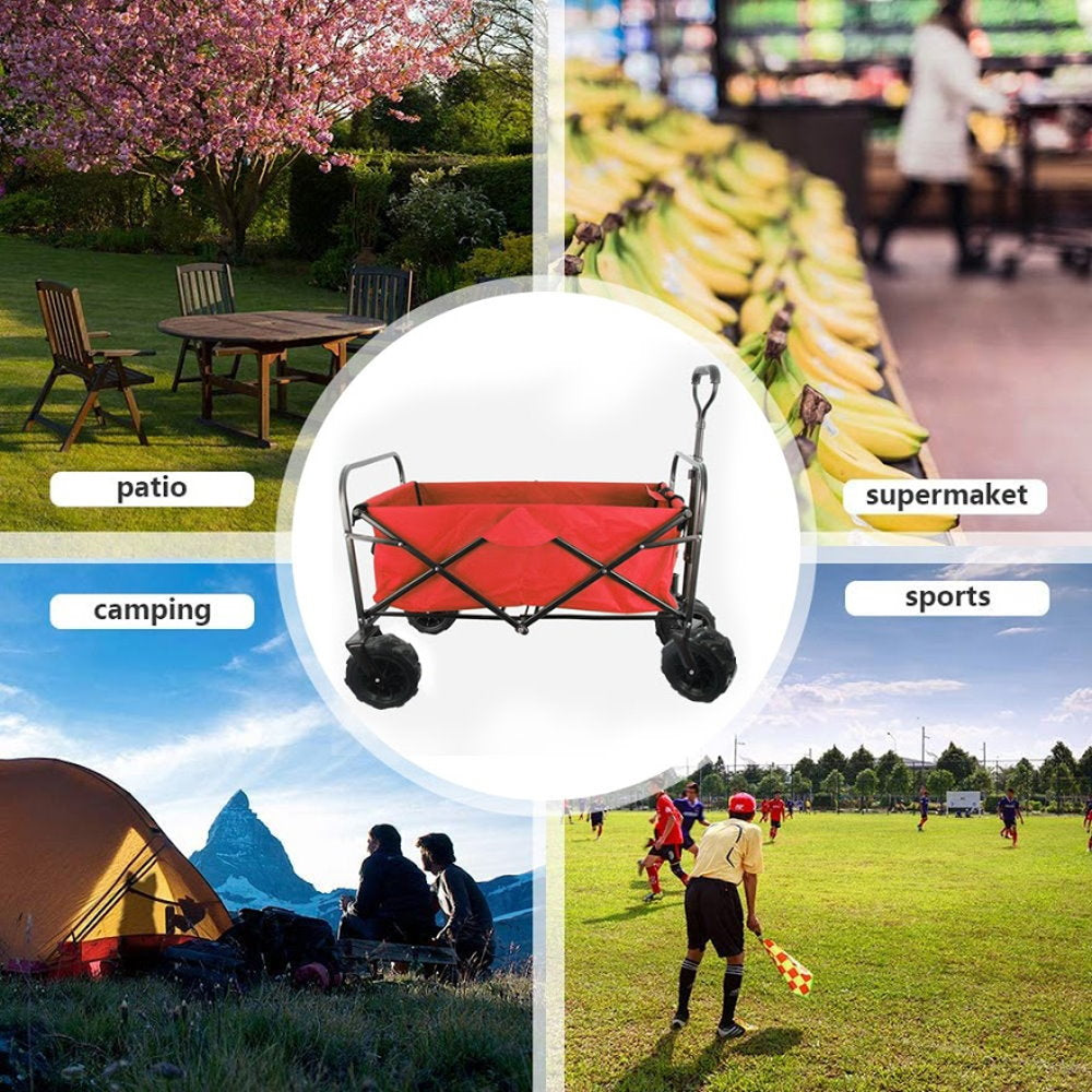 KAPAS Outdoor Collapsible Folding Utility Wagon with Universal 360° All-Terrain Wheels for Shopping, Garden, Park Picnic and Beach Camping (Red)