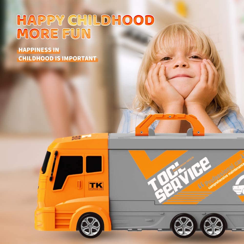HILLO Maintain Truck Toy Playsets, 36 Piece 2-in-1 Maintain Station in Truck Trailer with Tool, Additional Car, Exchange Tire, Gas Station, Gifts for 3+ Year Old Boys Kids Toddlers Children