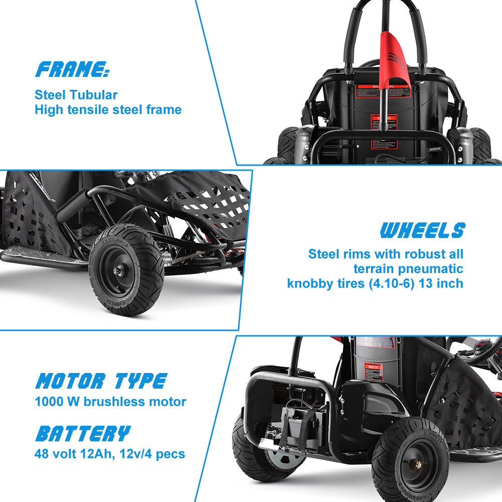 Electric Go Kart for Kids, 1000W 48V Powered Ride On Toy, Ride On Car for Boys and girls, Max Speed 20Mph, Age 13+