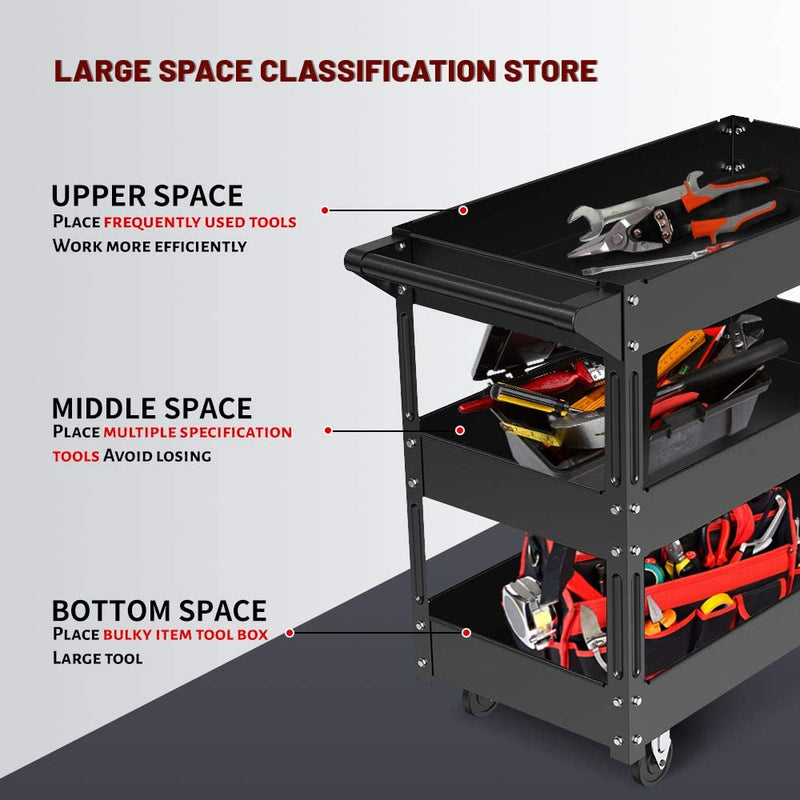 KAPAS Steel 3-Shelf Multipurpose Utility/Supply/Service/Tool Cart Great for Garage, Warehouse, Cleaning, Office & Workplace