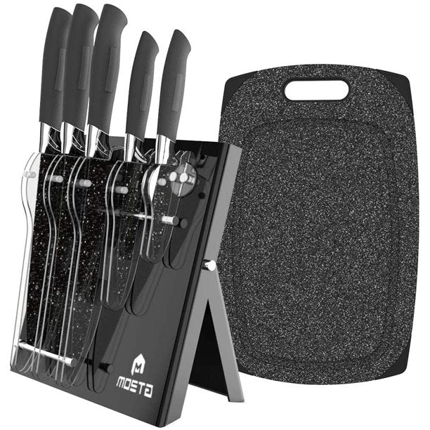 MOSTA Ceramic Coated Knife Block Set with 5Pcs Kitchen Knives, Chef Knife, Bread Knife, Slicing Knife, Utility Knife, Paring Knife and Acrylic Stand