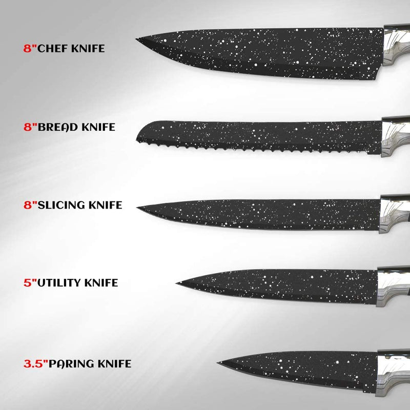 MOSTA Ceramic Coated Knife Block Set with 5Pcs Kitchen Knives, Chef Knife, Bread Knife, Slicing Knife, Utility Knife, Paring Knife and Acrylic Stand