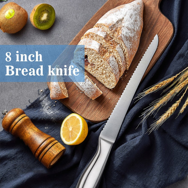 14 pcs WOODEN BLOCK Self-Sharpening Knife Set with Block, Chef Knife, Bread Knife, Steak Knife Set,  Stainless Steel