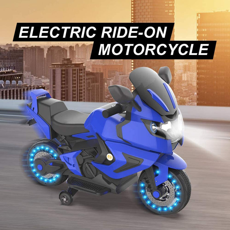 HOVER HEART Kids Chargeable Electric Power Motorcycle 12V Ride On Toy Bike with LED Wheels &Training Wheels for 3-7 Age (Blue)