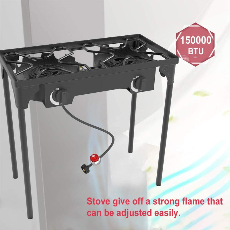 Kapas Outdoor & Indoor Portable Propane Stove, Single & Double Burners with Gas Premium Hose, Detachable Legs for Backyard Kitchen, Camping Grill, Hiking Cooking, Outdoor Recreation (DB02-Large,2 Burners)