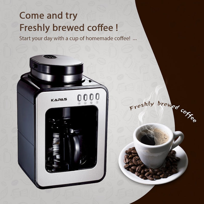KAPAS Mini Automatic Coffee Machine With Grinding Function, Programmable Timer Mode and Keep Warm Plate,0.6L Capacity, 600W