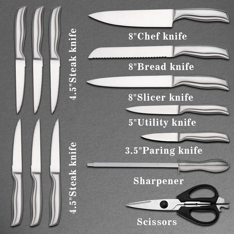14 pcs WOODEN BLOCK Self-Sharpening Knife Set with Block, Chef Knife, Bread Knife, Steak Knife Set,  Stainless Steel
