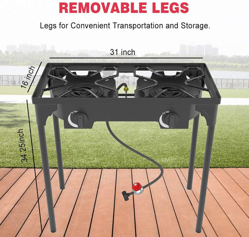 Kapas Outdoor & Indoor Portable Propane Stove, Single & Double Burners with Gas Premium Hose, Detachable Legs for Backyard Kitchen, Camping Grill, Hiking Cooking, Outdoor Recreation (DB02-Large,2 Burners)