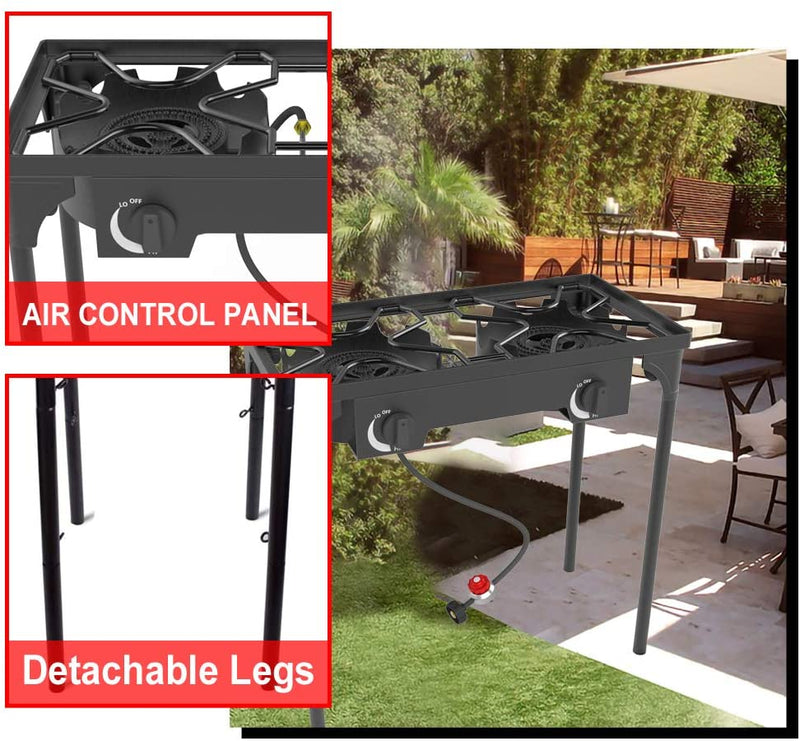 Kapas Outdoor & Indoor Portable Propane Stove, Single & Double Burners with Gas Premium Hose, Detachable Legs for Backyard Kitchen, Camping Grill, Hiking Cooking, Outdoor Recreation (DB02-Large,2 Burners)