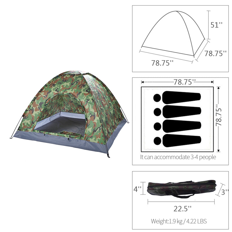 4 Person Camouflage Portable Dome Tents for Camping with Carry Bag for Hiking Picnic Fishing Travel Outdoor Sports