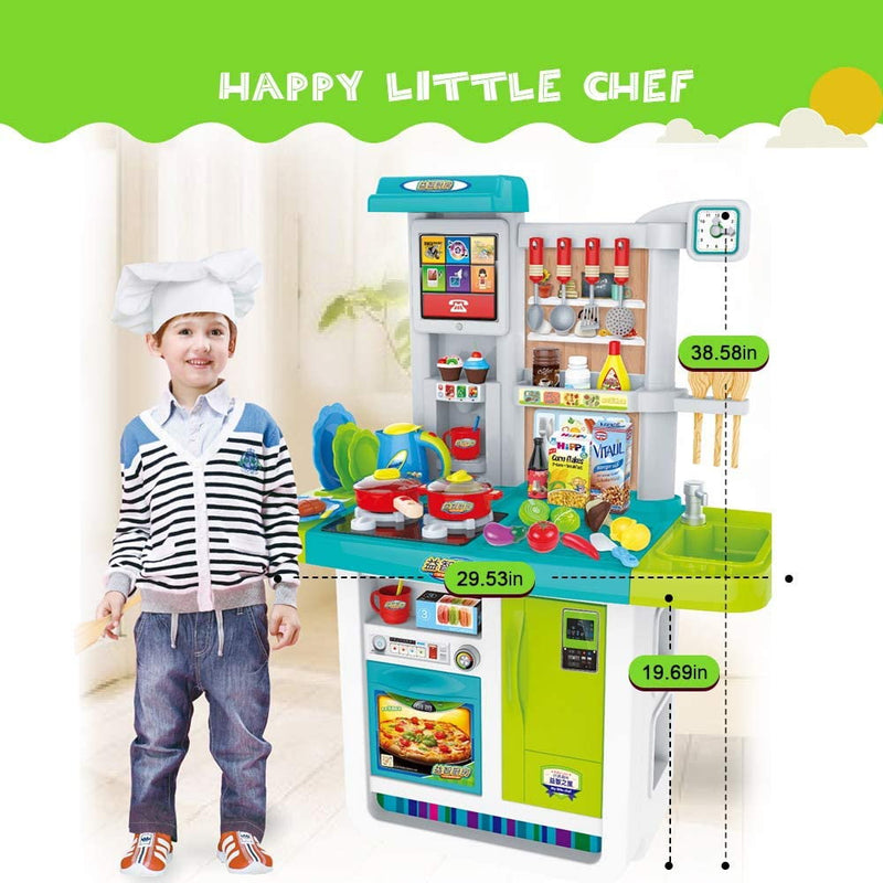 HILLO Large Kitchen 46 Pcs Playset Cooking Little Chef, Light & Sounds, Water Tap for 3-6 years old kids-Blue
