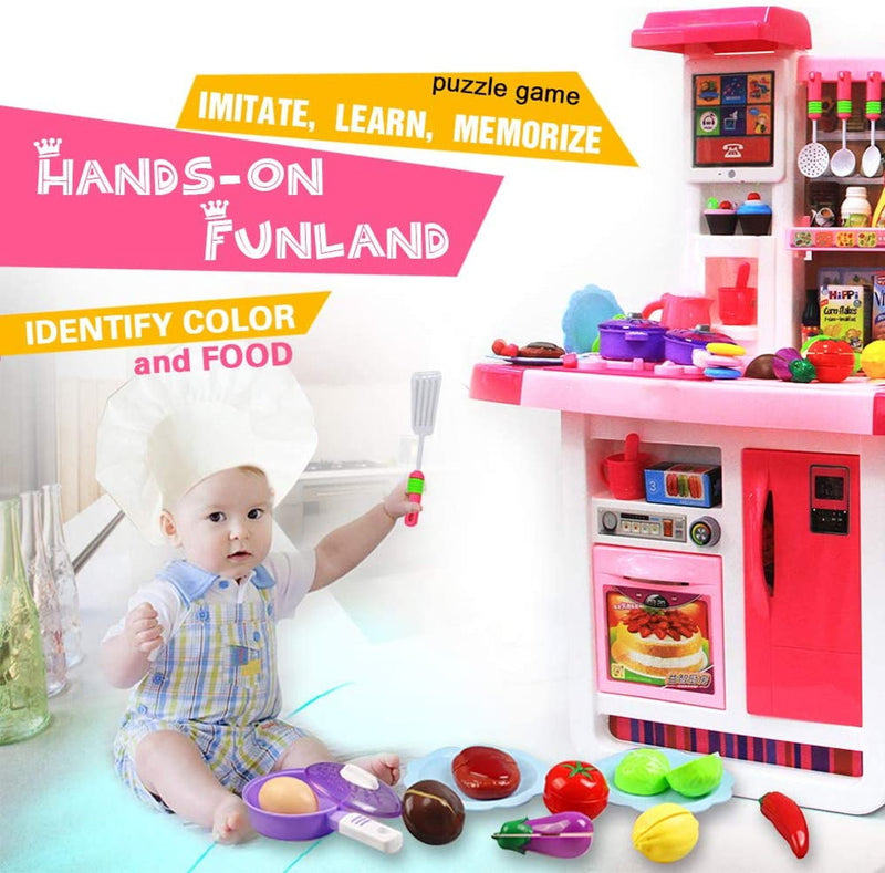 HILLO Large Kitchen 46 Pcs Playset Cooking Little Chef, Light & Sounds, Water Tap for 3-6 years old kids-pink