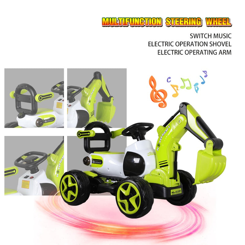HOVER HEART Electric Excavator Ride-On Toy, 6V/4.5Ah Construction Truck 4 Wheels with Electric Arm Lift, Music for 4-6 Years Kids (Green)
