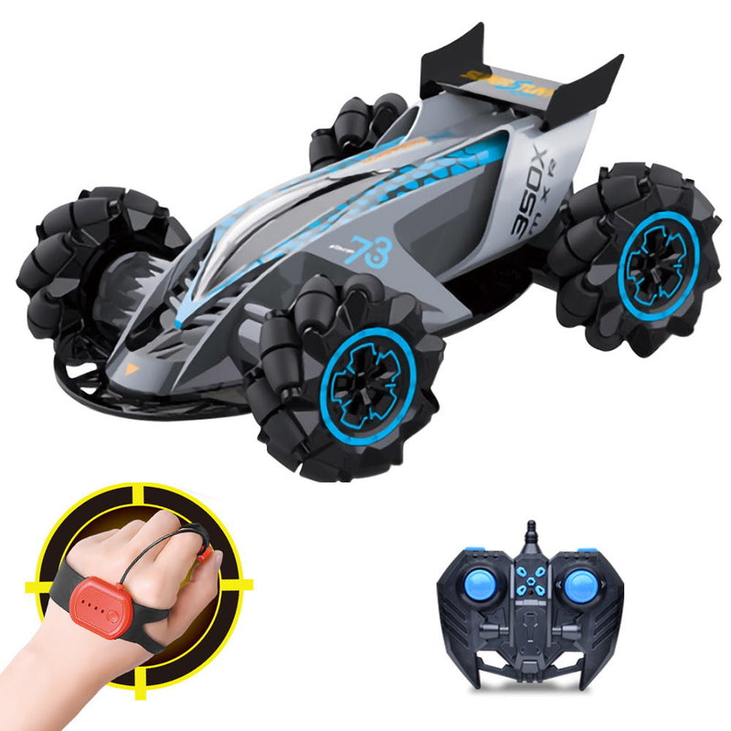 HILLO 2.4G RC Drift Stunt Car 4WD Multi-Direction LED High Speed Off-Road Vehicle With Tail Glowing Water Vapor Jet - Handle Remote Control And Watch Style Gravity Remote Control Included(Gray)