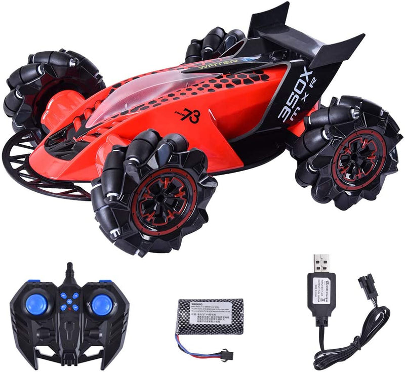 HILLO 2.4G RC Drift Stunt Car 4WD Multi-Direction LED High Speed Off-Road Vehicle With Tail Glowing Water Vapor Jet - Handle Remote Control And Watch Style Gravity Remote Control Included (Red)