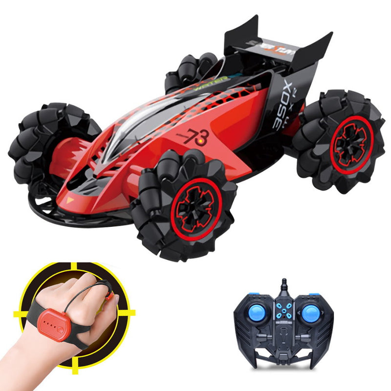 HILLO 2.4G RC Drift Stunt Car 4WD Multi-Direction LED High Speed Off-Road Vehicle With Tail Glowing Water Vapor Jet - Handle Remote Control And Watch Style Gravity Remote Control Included (Red)