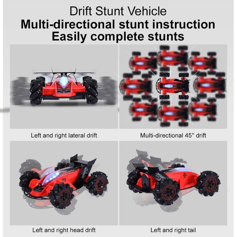 HILLO 2.4G RC Drift Stunt Car 4WD Multi-Direction LED High Speed Off-Road Vehicle With Tail Glowing Water Vapor Jet - Handle Remote Control And Watch Style Gravity Remote Control Included (Red)