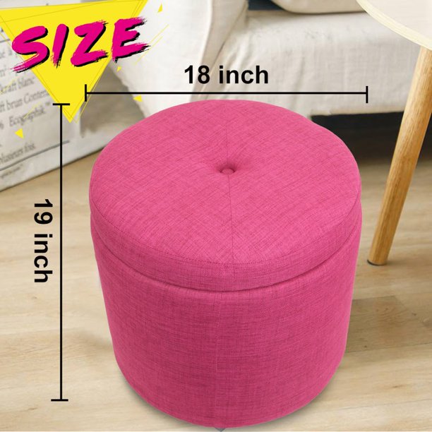 CASANINA Fabric Cushion Round Button Tufted Big and Deep Cylinder Storage Ottoman Footstool with Removable Top Lid