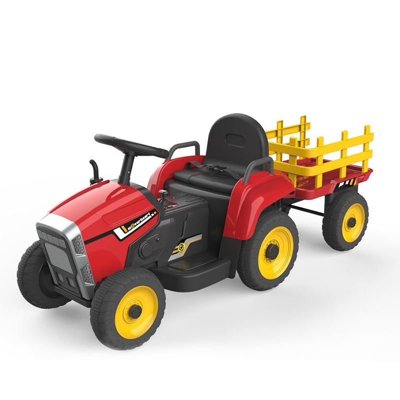 HOVERHEART Electric Tractor 12V Ride-On Toys with Trailer, Music, Manual Gear Shift and Remote Control (Red)