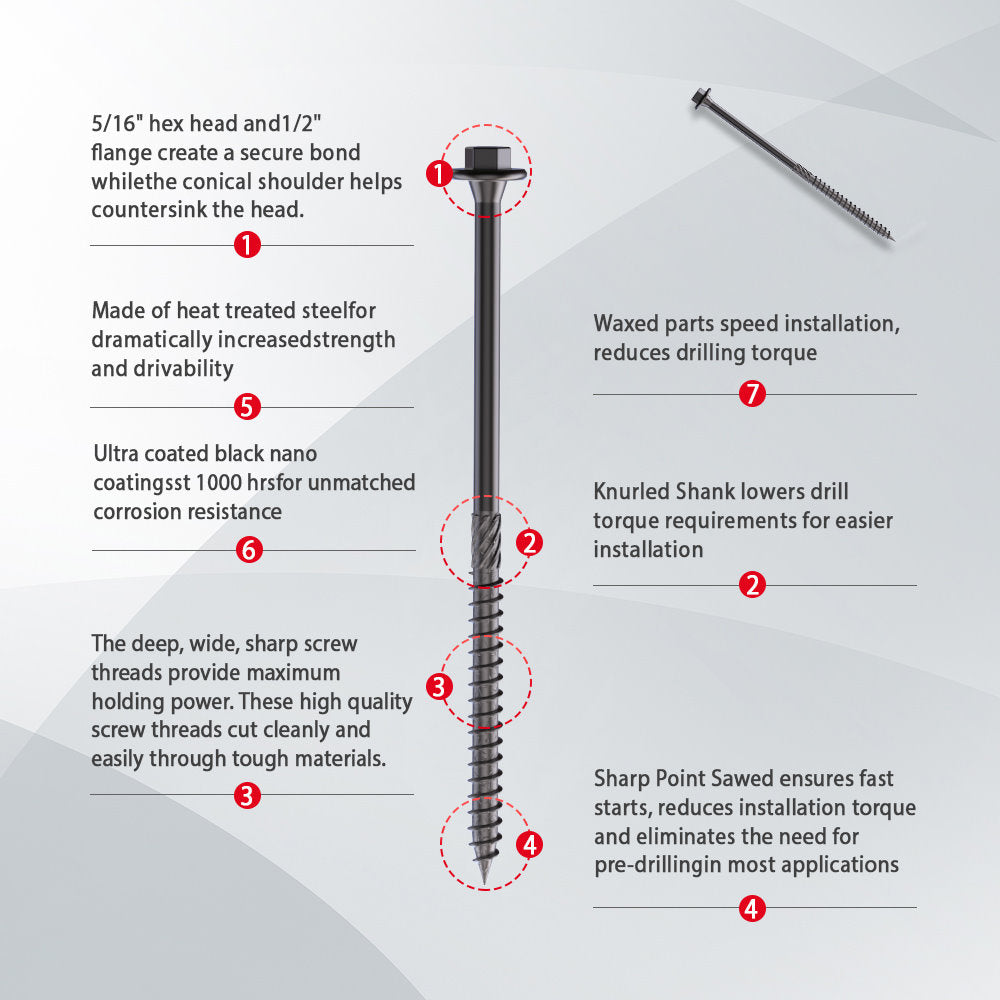 KAPAS Timber/Log/Landscaping/Deck Framing Wood Screws #14 1/4 X 10” Hex Head, Hardened Steel , Black NANO 1000hrs + Wax Exterior Coated Heavy Duty Screws (50 Count Pkg - with 5/16 inch drive bit)