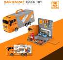 HILLO Maintain Truck Toy Playsets, 36 Piece 2-in-1 Maintain Station in Truck Trailer with Tool, Additional Car, Exchange Tire, Gas Station, Gifts for 3+ Year Old Boys Kids Toddlers Children