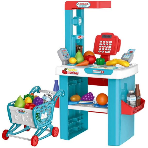 HILLO 56 Pieces Supermarket Playset Toy for Kids, Cashier Play Set with Shopping Cart, Scanner & Credit Card Machine for Toddlers Child Educational Toy Kid or Birthday Gifts